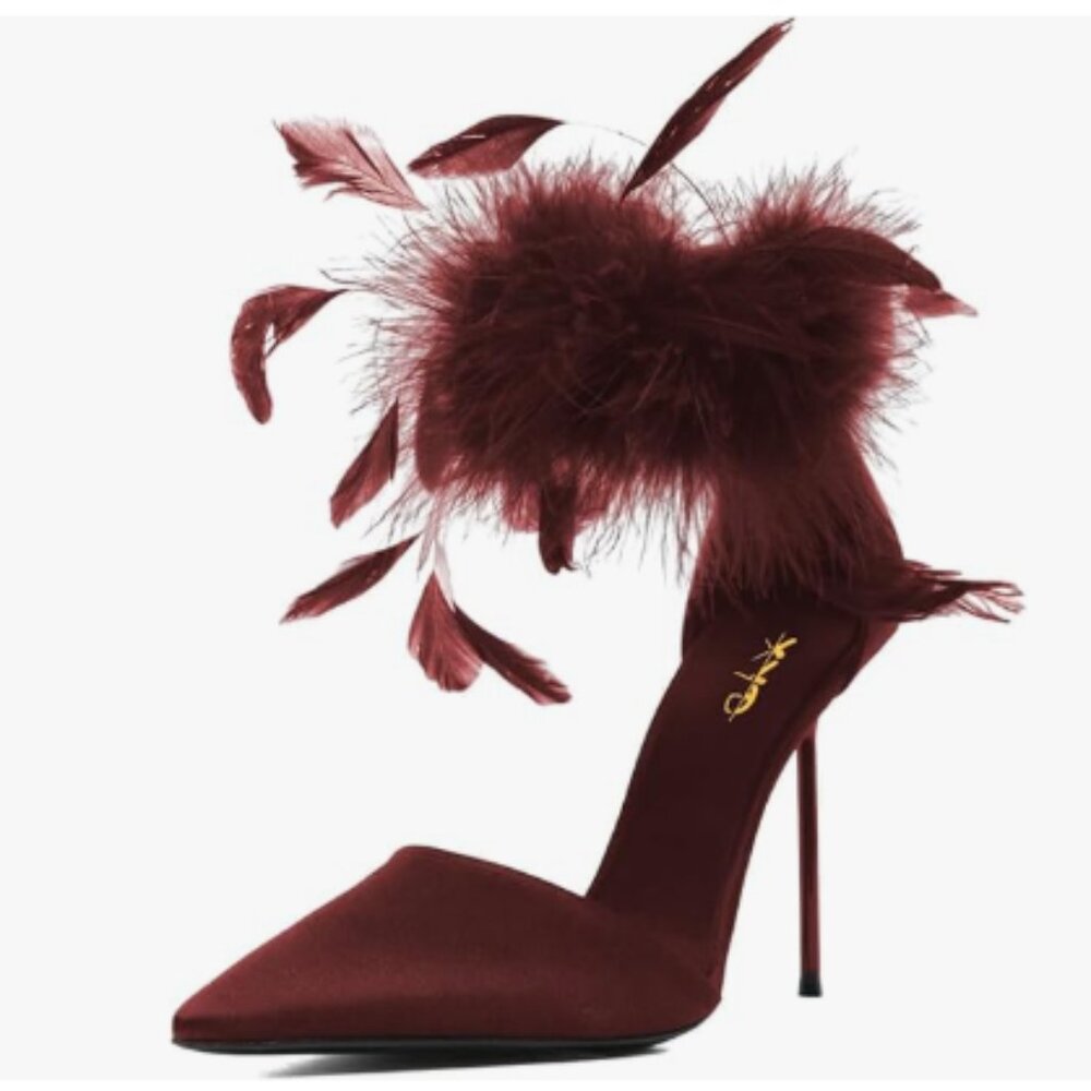 XYD Wine Feather Ankle Strap Back Zip Sexy High Heels Pointed Toe D'Orsay Pumps
